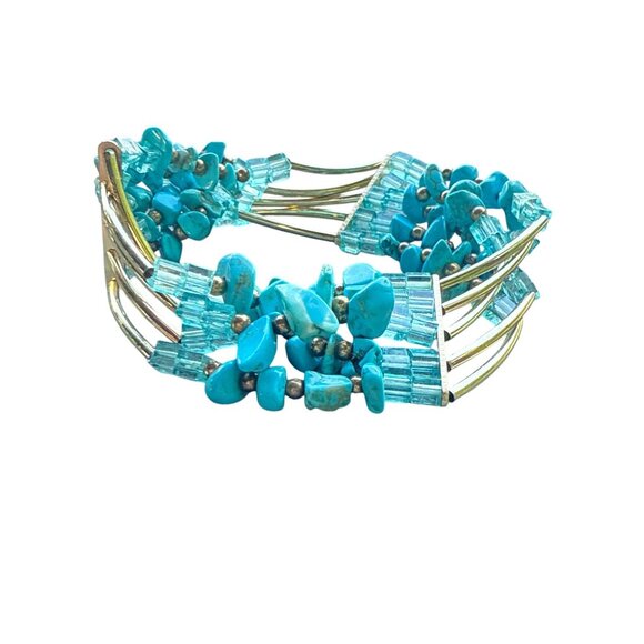 Turquoise Chip Bead Cuff Bracelet Multi Strand Wire Wrap Vintage Style Jewelry - Picture 7 of 9